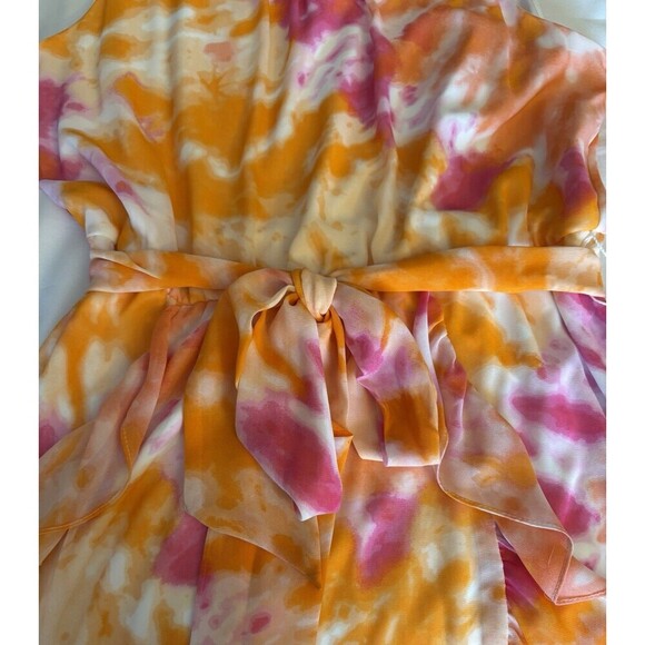 CALVIN KLEIN Tie Dye Chiffon Maxi Dress Women Large Orange Pink Tie Waist Ruffle - Picture 7 of 13
